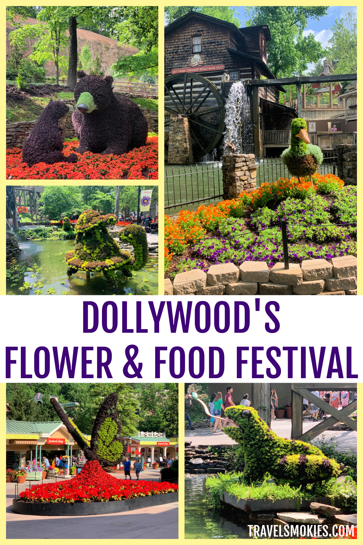 Collage of animals (bears, duck, tutles, frogs, butterflies) made of flowers located in Dollywood Theme Park