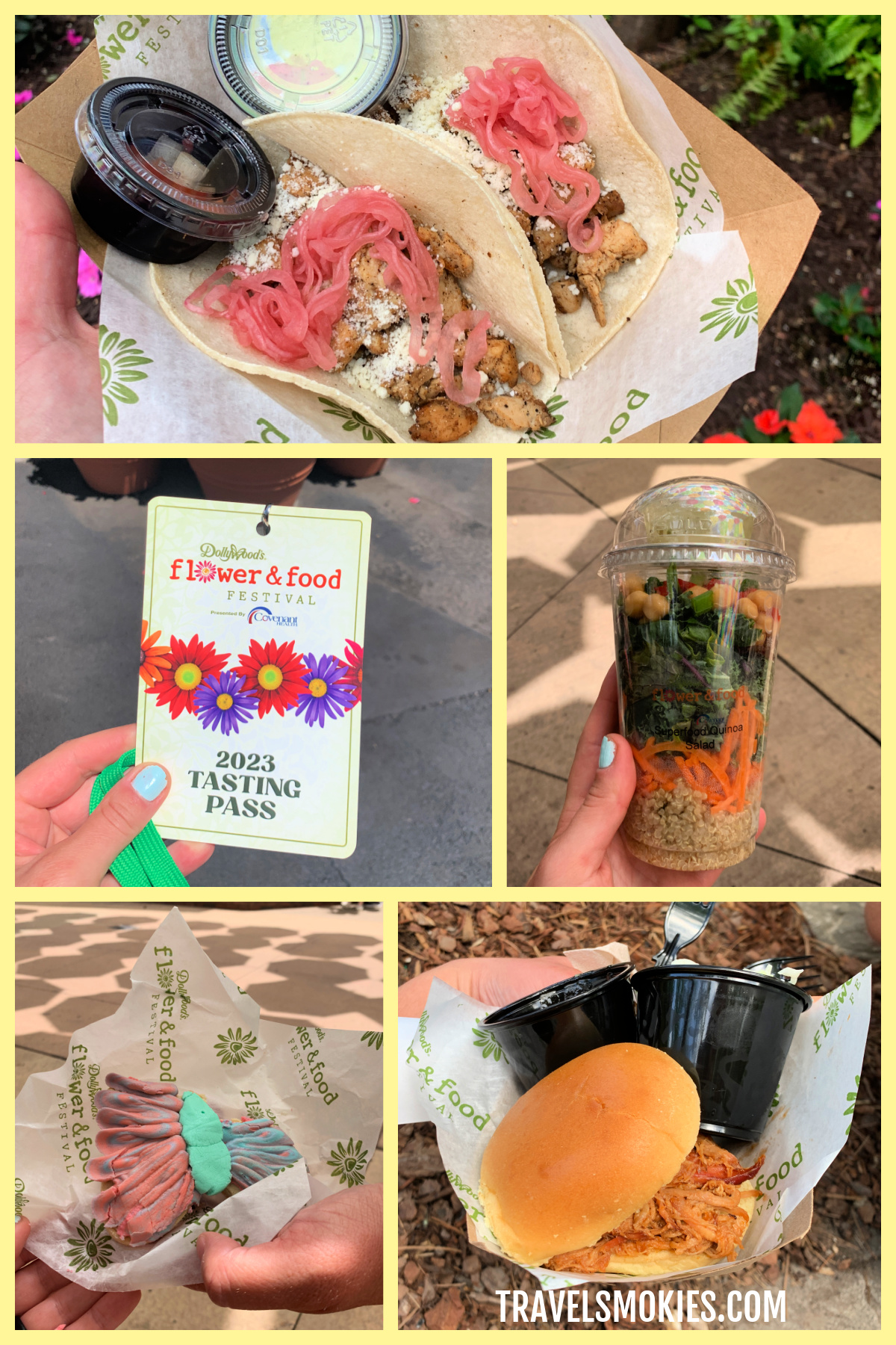 college of different foods available (tacos, quinoa cup, cookie, pork slider) during food and flower festival at Dollywood Theme Park